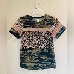Sunshine & Rodeos, size small. Camo, rose gold sequin and leopard print.